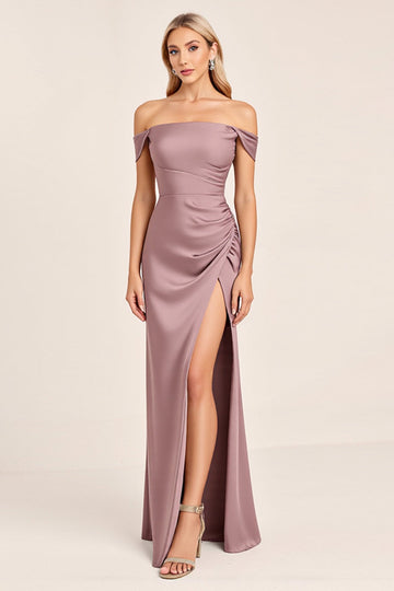 Vintage Mauve Satin Off The Shoulder Long Bridesmaid Dress with Slit